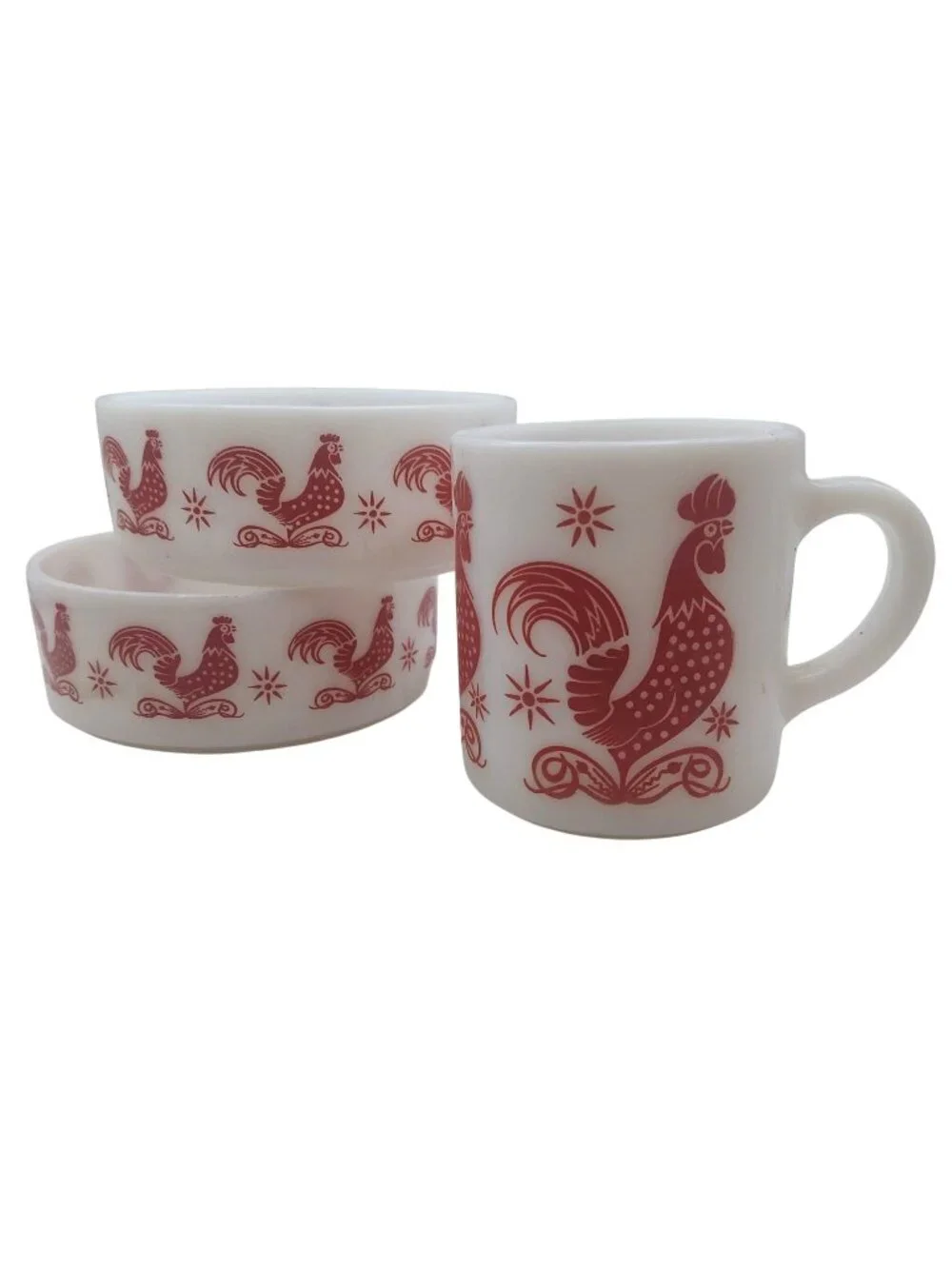 Hazel Atlas Red Rooster Milk Glass Set Of 3 Cereal Bowl Coffee Mug Vintage 50s